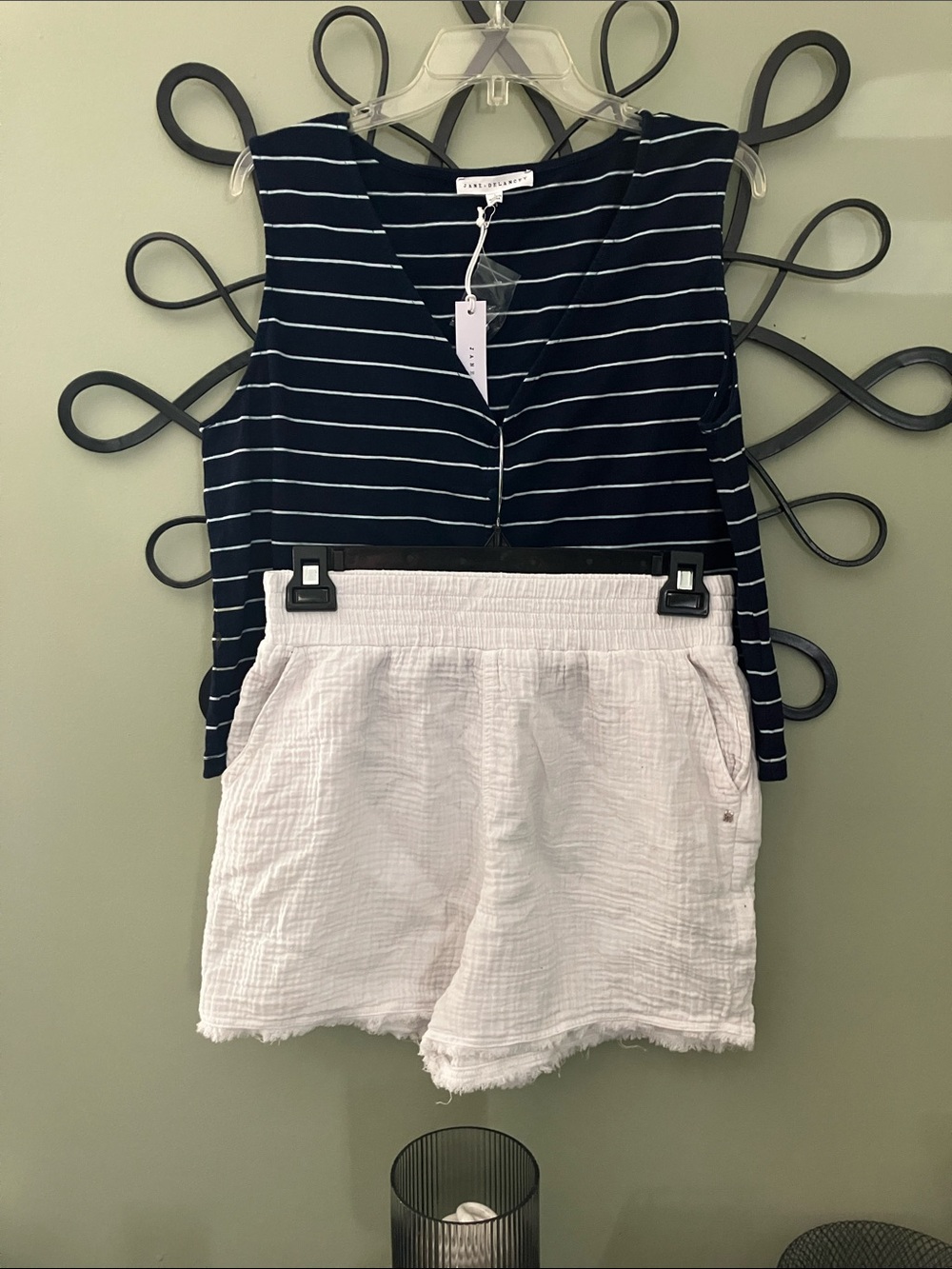 Navy Striped Tank Top with White Crinkle DKNY Shorts